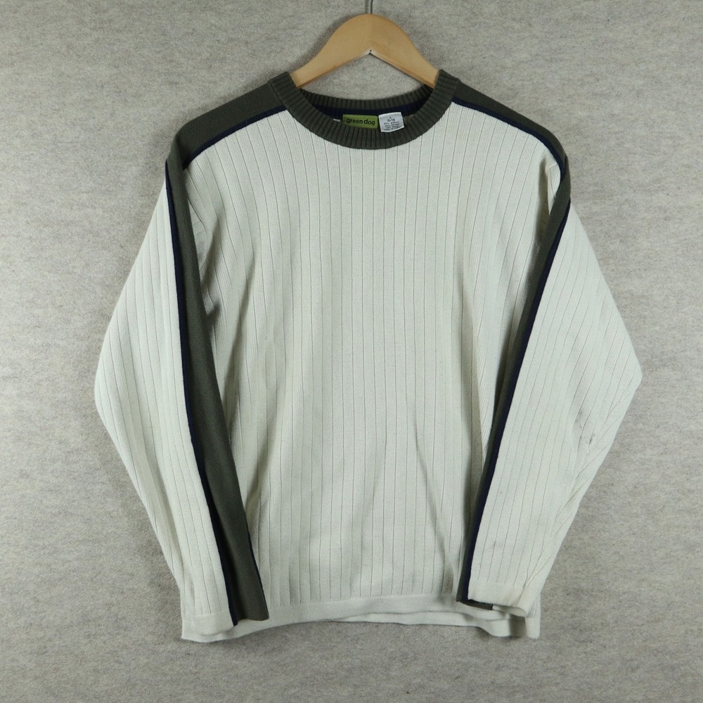 Green Dog Sweater Large Ribbed Knit 90s Vintage Racing Stripe Cream Olive Navy